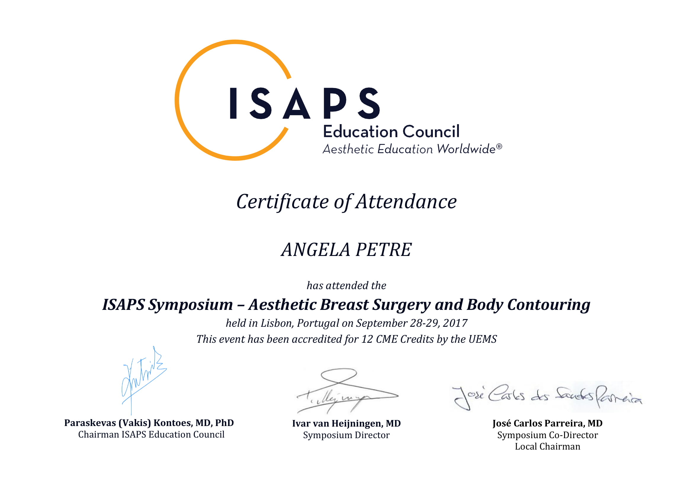 Simpozion ISAPS – Chirurgie Estetică a Sânului și Conturare Corporală, Dr. Angela Petre, Lisabona