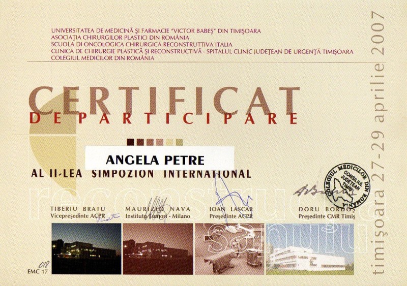 Al 2-lea Simpozion Internațional de Reconstrucție a Sânului, Dr. Angela Petre, Timișoara