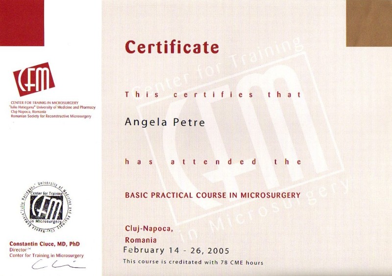 Curs Practic de Microchirurgie, Dr. Angela Petre, Cluj-Napoca