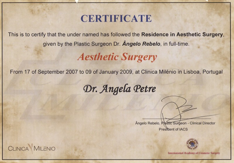 Fellowship in Chirurgie Estetică, Dr. Angela Petre, Lisabona